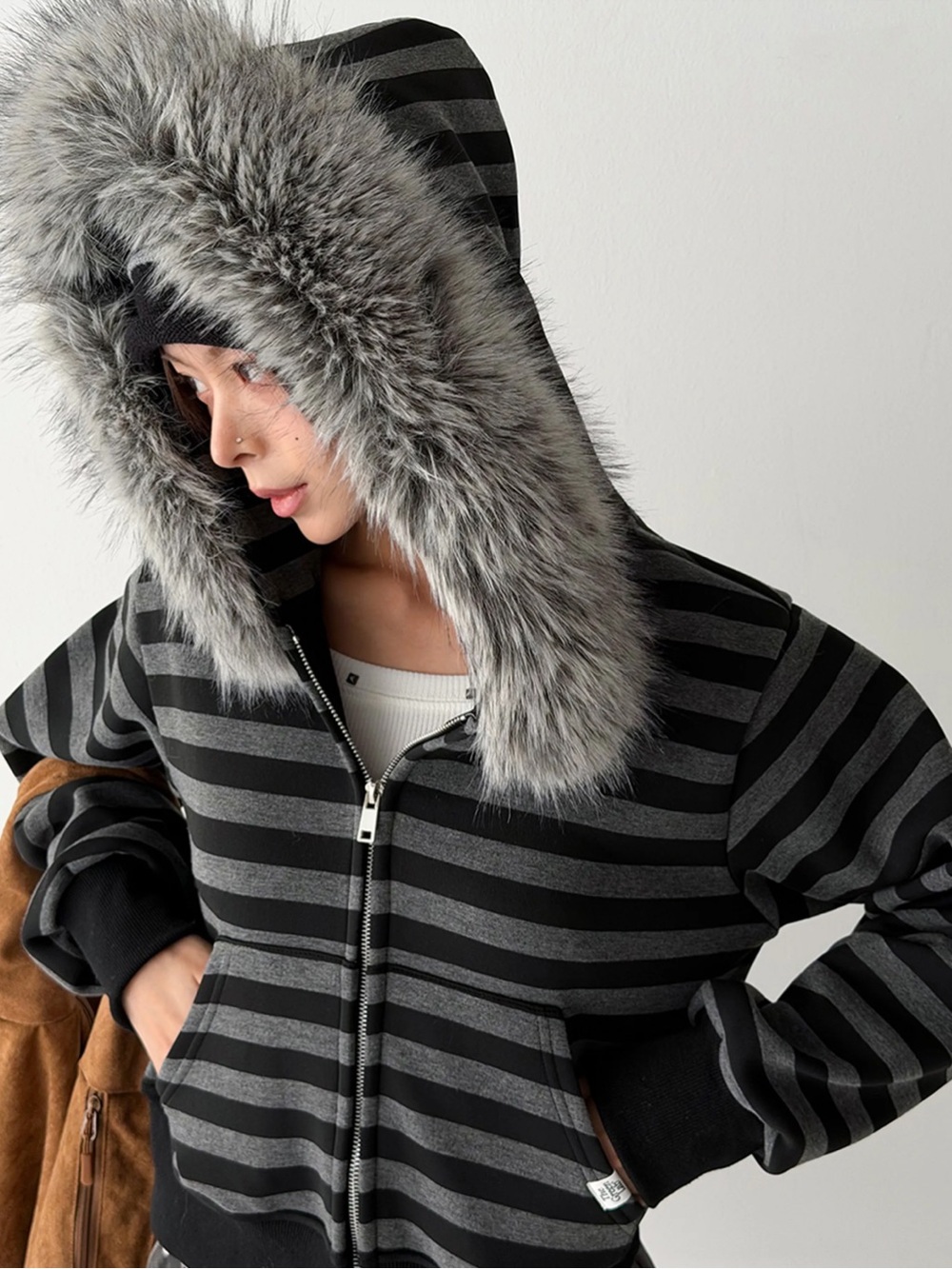 Black & Gray Striped Faux-Fur Hood Zip-Up Jacket